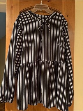 Black & White Striped Peplum Tie-Neck Blouse